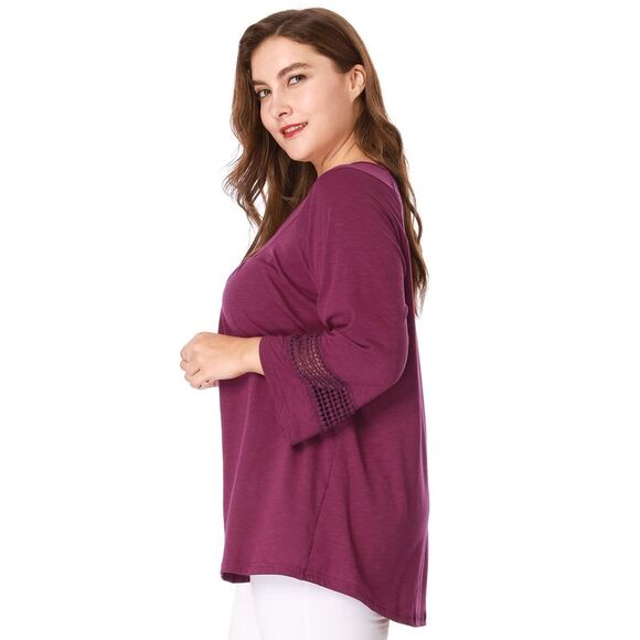Women's Plus Size Crochet Panel Kimono Raglan Sleeves Tops Purple - Picture 4 of 6